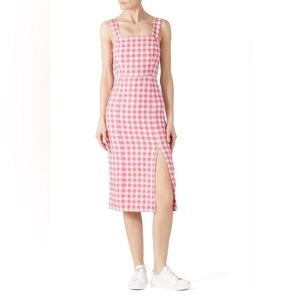 Finders Keepers Gingham Gigi Pink and White Midi Sheath Slit Dress Fuchsia Check